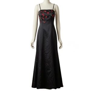 Oriental Satin Black Red Beaded Floral Dress Gown Formal Maxi Long Y2K Prom Chic